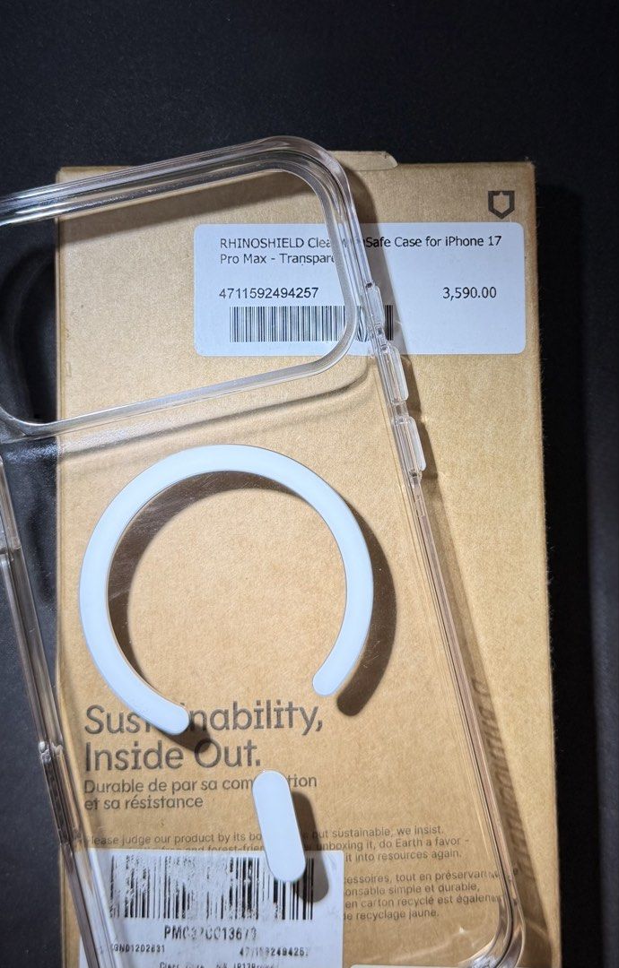 17 Pro Max RHINOSHIELD Clear MagSafe (Category: Cases & Sleeves) located in Manila. Submitted by qqquatro_1 (Listing ID 1465081393, Image 2). Description: - Brand: RHINOSHIELD - Compatible Model: iPhone 17 Pro Max - Color: Clear / Transparent - Features: MagSafe magnetic version, military-grade drop protection, anti-yellowing material, BPA free - Condition: Fitted Once to see if it matches my 4 color. RFS: Doesn’t look good on deep blue..