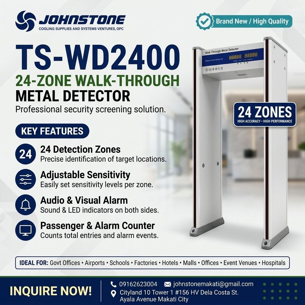 24zone metal detector walk through scanner (Category: Security Systems & CCTV Cameras) located in Caloocan City. Submitted by jcs_ra_892 (Listing ID 1464991665, Image 1). Description: TS-WD2400 24-Zone Walk Through Metal Detector • 24 Independent Detection Zones • High-Sensitivity Metal Detection • Audio & Visual Alarm • Digital Control Panel • Adjustable Sensitivity per Zone • Passenger & Alarm Counter • Password Protection • Anti-Interference T