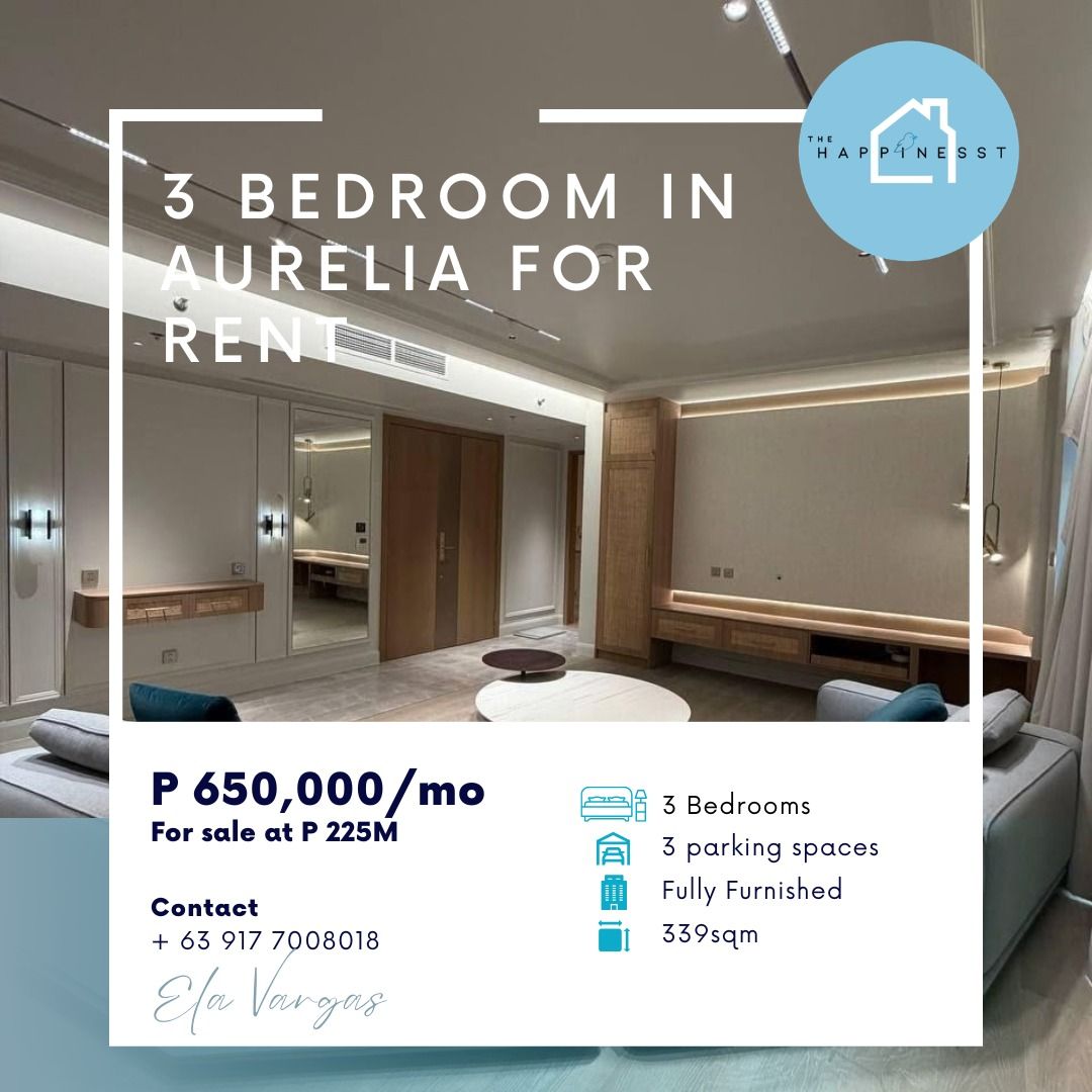 3 Bedroom in Aurelia for Rent (Category: Apartments & Condos) located in Taguig. Submitted by elavargast97175 (Listing ID 1465145357, Image 1). Description: 🏠 3 Bedroom in Aurelia for Rent 339sqm 3 parking slots Newly renovated for end use purposes Fully furnished with Sonos Soundsystem Smart Home p650k/mo For sale at 255M.