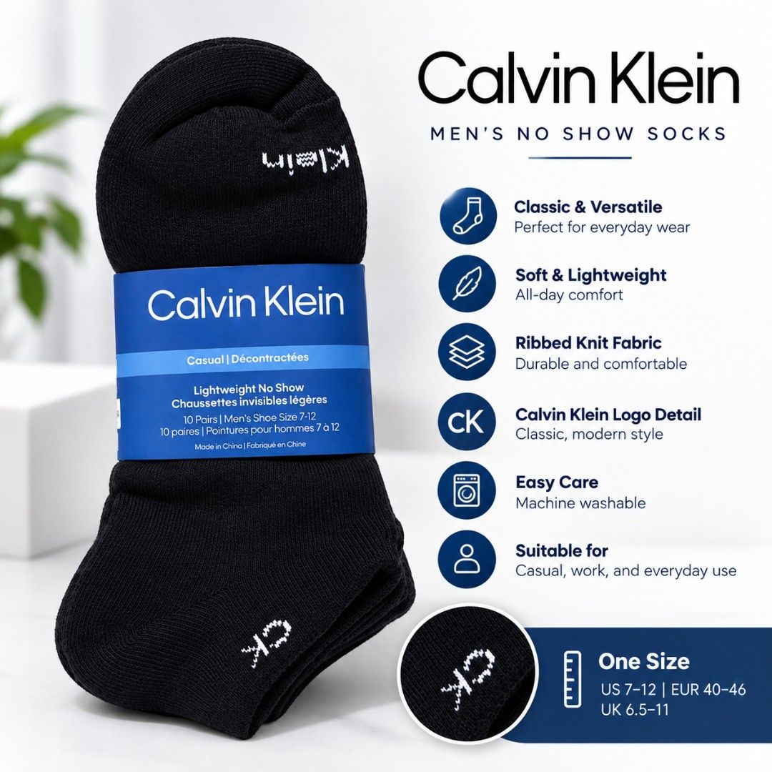 🧦 Calvin Klein Men's Socks 10pairs (Category: Socks) located in Antipolo. Submitted by carloivy12 (Listing ID 1465164698, Image 1). Description: ✔️Color: Black or White ✔️Style: Classic crew socks ✔️Material: Ribbed knit fabric ✔️Comfortable and versatile for everyday wear ✔️Soft and lightweight feel ✔️Features the Calvin Klein logo detail ✔️One Size: US 7–12 | EUR 40–46 | UK 6.5–11 ✔️Easy-care: Machine washable ✔️Suitable for casual, work, and 
