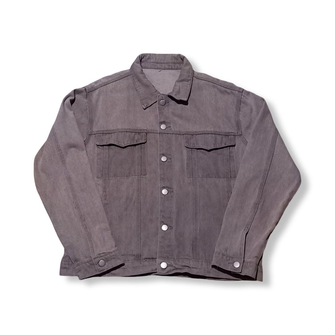🏷️ (RANDOM) GRAY HEAVYWEIGHT DENIM JACKET (Category: Coats, Jackets and Outerwear) located in Cagayan de Oro. Submitted by erased_clo (Listing ID 1464983639, Image 1). Description: 🏷️ (RANDOM) GRAY HEAVYWEIGHT DENIM JACKET W "22.3 inches L "25.5 inches ~ super hard, super heavy, and super thick denim ~ as new condition ~ excellent condition ~ crispy condition ~ solid fittings ~ color rate: 9/10 ~ washed and ready to wear - minor stain (not noti
