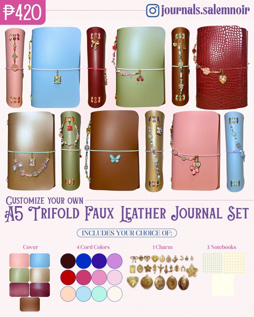 A5 Trifold Faux Leather Journal set - READY FOR ASSEMBLY (Category: Stationery & School Supplies) located in Plaridel. Submitted by salemnoir (Listing ID 1459329970, Image 1). Description: ✅ All covers are already prepped and ready for assembly with your selections. No need to wait! Can be shipped the next day if you place and confirm your orders before 5pm 🫶🏻 In a total rush? Don’t fret, same day delivery* is also possible! *Depending on craft