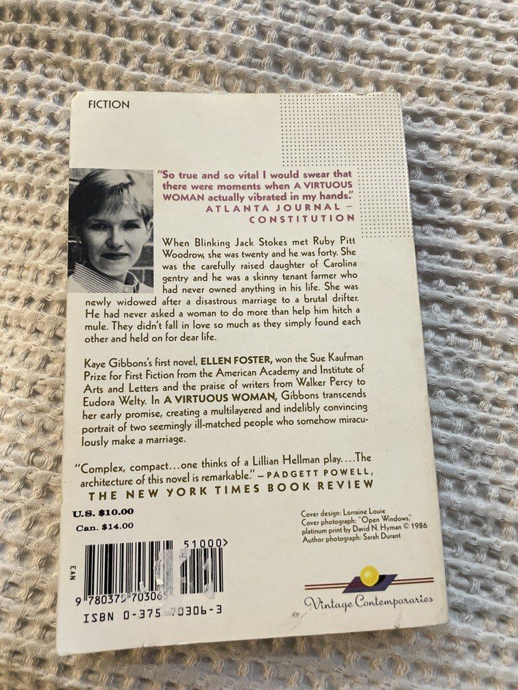 A Virtuous Woman by Kaye Gibbons (Category: Storybooks) located in Las Pinas. Submitted by yourneighbortotoro (Listing ID 1465067070, Image 3). Description: A Virtuous Woman by Kaye Gibbons 📖 A deeply moving Southern fiction novel about enduring love, grief, and resilience, told through the alternating voices of a dying woman and her devoted husband. 🔹 Title: A Virtuous Woman 🔹 Author: Kaye Gibbons (Author of Ellen Foster) 🔹 Imprint/Publisher