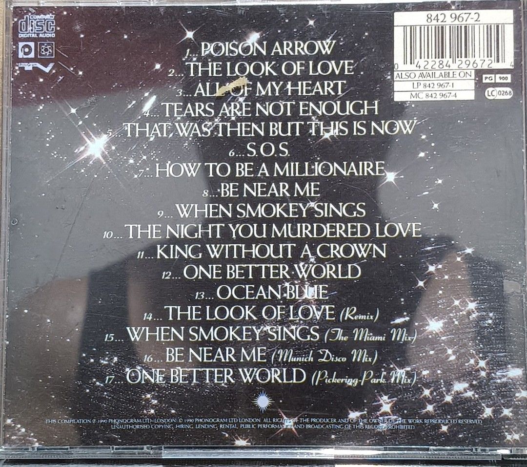 ABC Absolutely CD Album Compilation 1990 Phonogram (Category: CDs & DVDs) located in Manila. Submitted by ruelcabrer77078 (Listing ID 1465018054, Image 3). Description: - Title: ABC - Absolutely Compilation CD - Release Year & Label: 1990, Phonogram Ltd London - Catalog Number: 842 967-2 - Tracklist: 17 tracks including Poison Arrow, The Look Of Love, All Of My Heart, Be Near Me, plus remixes - Inclusions: Jewel case, cover insert, back inlay, an