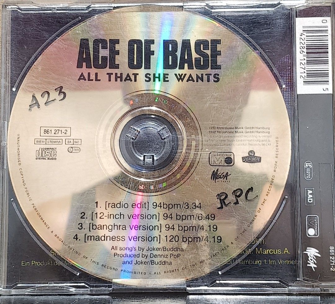 Ace Of Base All That She Wants CD (Category: CDs & DVDs) located in Manila. Submitted by ruelcabrer77078 (Listing ID 1465017705, Image 3). Description: - Artist/Song: Ace of Base - All That She Wants (Classic CD Single) - Versions Included: Radio Edit, 12" Version, Bhangra Version, and Madness Version - Production: Produced by Denniz Pop & Joker/Buddha at legendary SweMix Studio, Stockholm - Inclusions: Original jewel case, front/back artwork ins