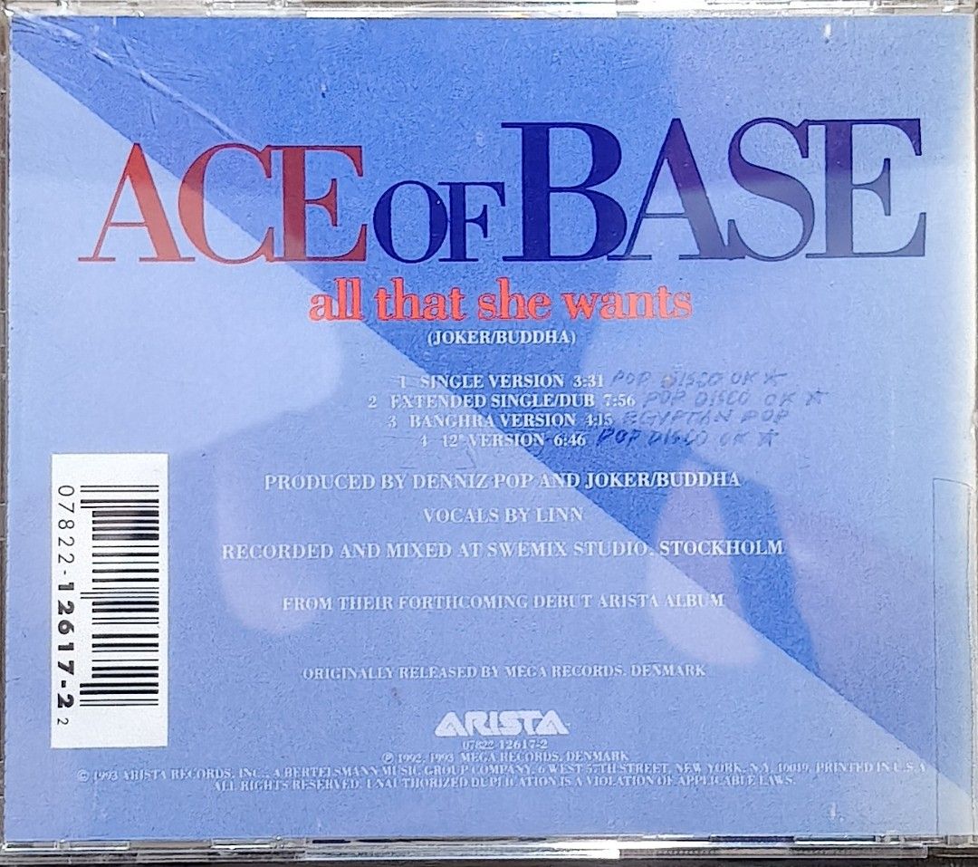Ace of Base All That She Wants CD Single (Category: CDs & DVDs) located in Manila. Submitted by ruelcabrer77078 (Listing ID 1465017905, Image 3). Description: - Artist & Title: Ace of Base - All That She Wants CD Single - Label & Year: Arista Records, 1993 - Tracklist (4 tracks): Single Version, Extended Single/Dub, Banghra Version, and 12" Version - Production & Vocals: Produced by Denniz Pop and Joker/Buddha, vocals by Linn - Condition: Include
