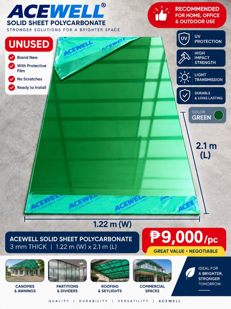 Acewell Solid Sheet Polycarbonate Green 3mm Thick (Category: Construction & Building Materials) located in Quezon City. Submitted by btz753 (Listing ID 1465109691, Image 1). Description: - Brand: Acewell Solid Polycarbonate Sheet - Color: Vibrant Green - Dimensions: 1.22m (Width) x 2.1m (Length) - Thickness: 3mm - Condition: Brand new, unused, still in protective film with zero scratches - Key Features: Built-in UV protection, high impact strengt