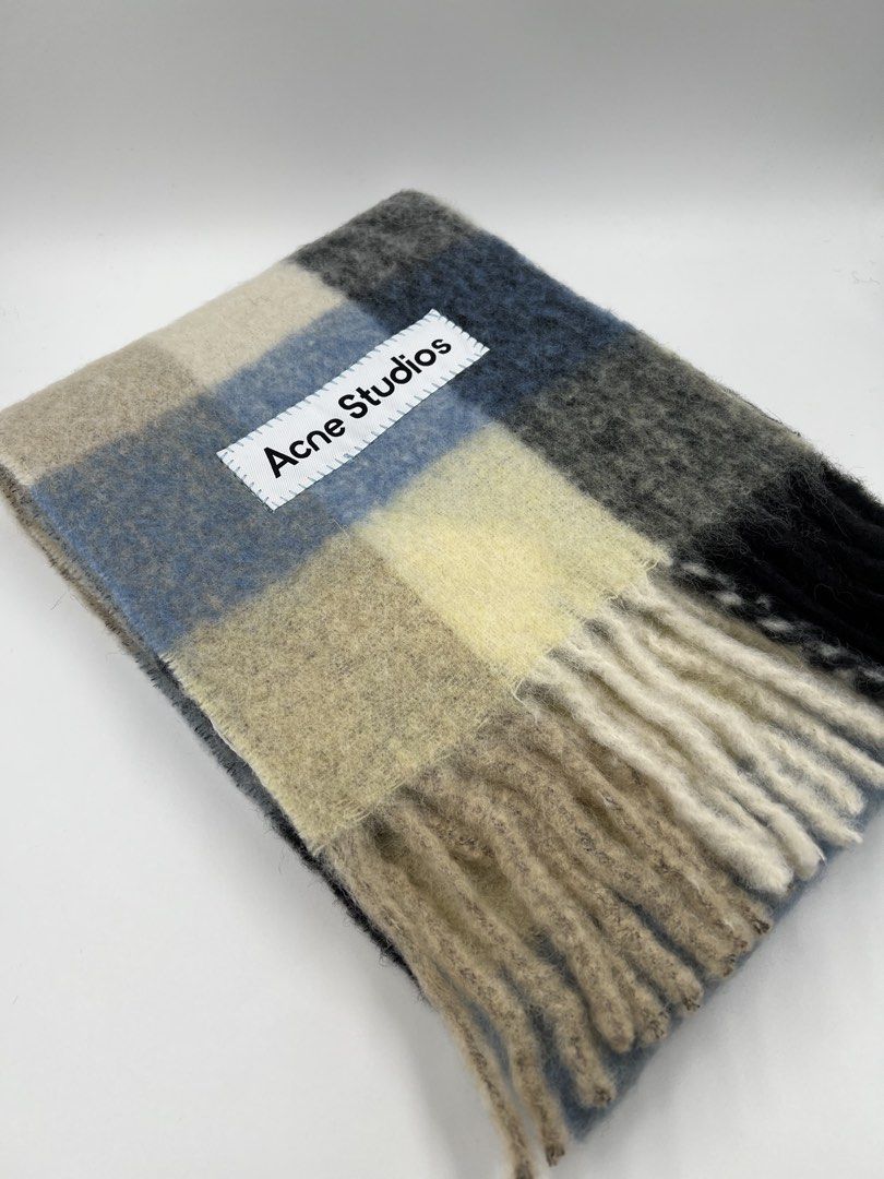 ⚜️Acne Studio Mohair Scarf | shawl (Category: Luxury Accessories) located in Makati City. Submitted by 90sangel (Listing ID 1465110714, Image 3). Description: •Item: Acne Studios Scarf •Size: including fringe: 250 cm length; 28 cm width •Condition: Brand New *Checked scarf that is made of a soft mohair blend with fringed ends. Detailed with an Acne Studios embroidered logo. Crafted from carefully selected material known for its soft and hairy fib