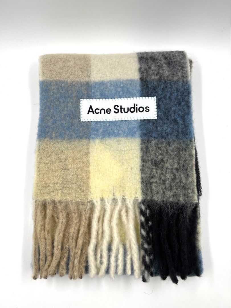 ⚜️Acne Studio Mohair Scarf | shawl (Category: Luxury Accessories) located in Makati City. Submitted by 90sangel (Listing ID 1465110714, Image 2). Description: •Item: Acne Studios Scarf •Size: including fringe: 250 cm length; 28 cm width •Condition: Brand New *Checked scarf that is made of a soft mohair blend with fringed ends. Detailed with an Acne Studios embroidered logo. Crafted from carefully selected material known for its soft and hairy fib