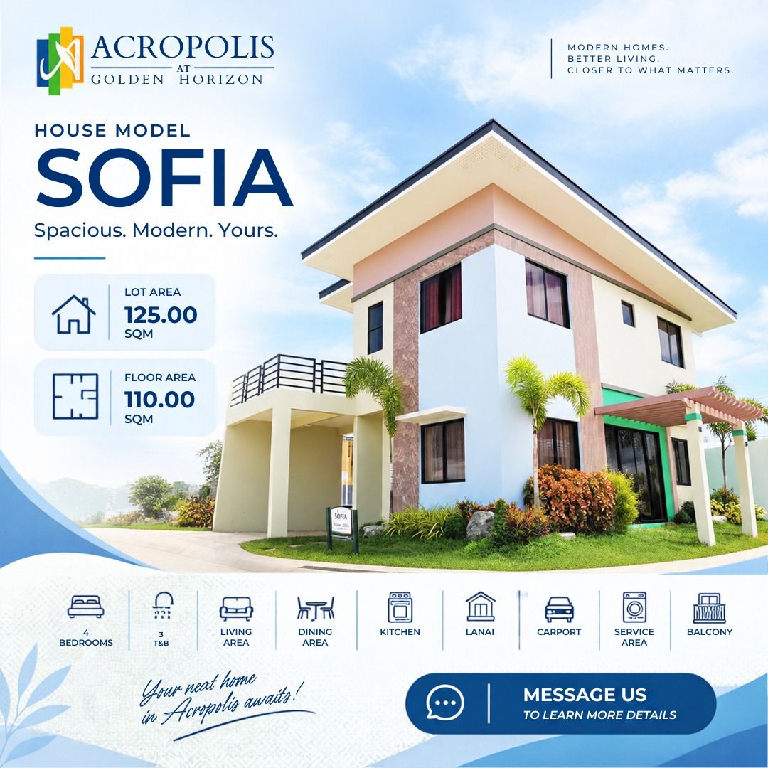 Acropolis - Sofia Model (Category: House & Lot) located in General Trias. Submitted by marajc_realty.102 (Listing ID 1465045656, Image 1). Description: 🏡 Your dream home awaits with Sofia at Acropolis! Experience a home designed for comfort, space, and a better future for you and your family. 📐 Lot Area: 125 SQM 🏠 Floor Area: 110 SQM Available through Pag-IBIG and Bank Financing! Semi-Finished Turn-over 📩 Message us to learn more about Sofia 