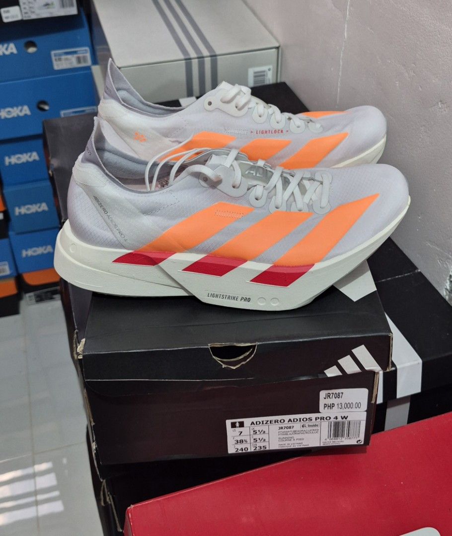 Adidas Adizero Adios Pro 4 (Category: Sneakers) located in Calauan. Submitted by dark_mocha (Listing ID 1465132326, Image 1). Description: WTS Brand New / Legit / with OG box ✅ Adidas Adizero Adios Pro 4 "White Beam Orange" Size: 6 | 7 | 8 | 8.5 US womens Price: 6,000❗ (SRP 13,000) PM me for more details. Meetup: Calauan - Los Banos Laguna Area Shipping (Buyer's expense).