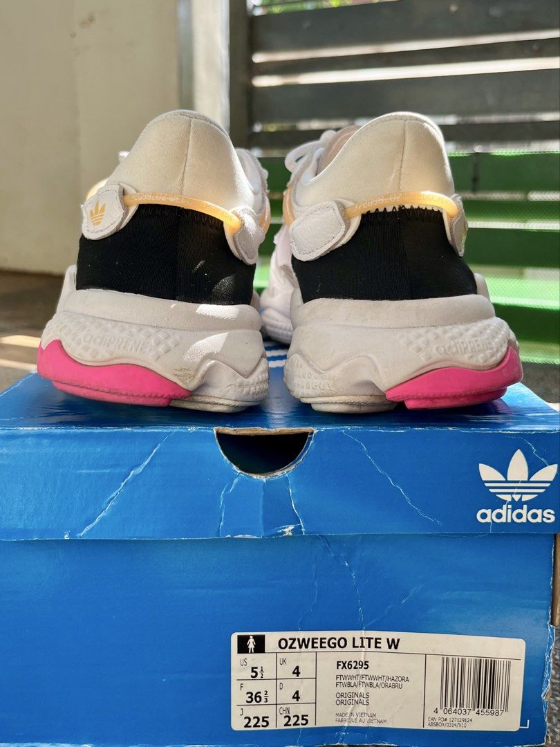 Adidas Ozweego Lite W (Category: Sneakers) located in Marikina City. Submitted by carmela_08 (Listing ID 1464980625, Image 2). Description: ADIDAS OZWEEGO LITE W (FX6295) RFS: Decluttering PHP 2,100 (negotiable) US 5.5 WOMEN (UK 4 | EUR 36 ⅔ | 22.5 CM) Item Details: • Condition: 9.5/10 (Lightly used 3x, original box included) • Colorway: Footwear White/Hazy Orange • Features: Lightweight mesh upper, Adiprene cushioning .