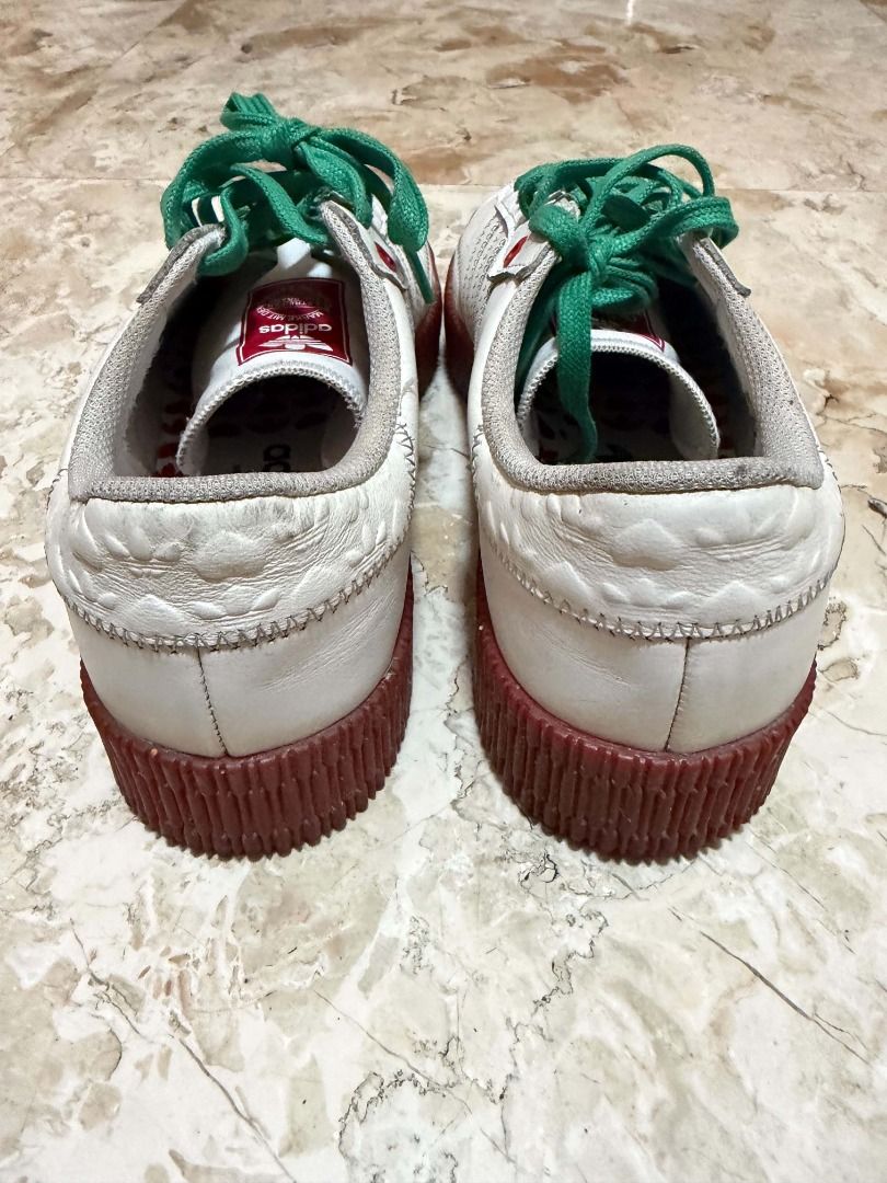 Adidas Samba Rose White Green Red (Category: Sneakers) located in Quezon City. Submitted by cms1116 (Listing ID 1465096426, Image 2). Description: - Brand/Model: Stylish platform sneakers with white leather upper - Sole: Chunky red rubber platform with solid wear left - Custom Details: Bright green laces and fun heart/trefoil print insoles - Size: US 9.5 / UK 8 - Condition: Normal leather creasing from regular use, overall still in great shape.