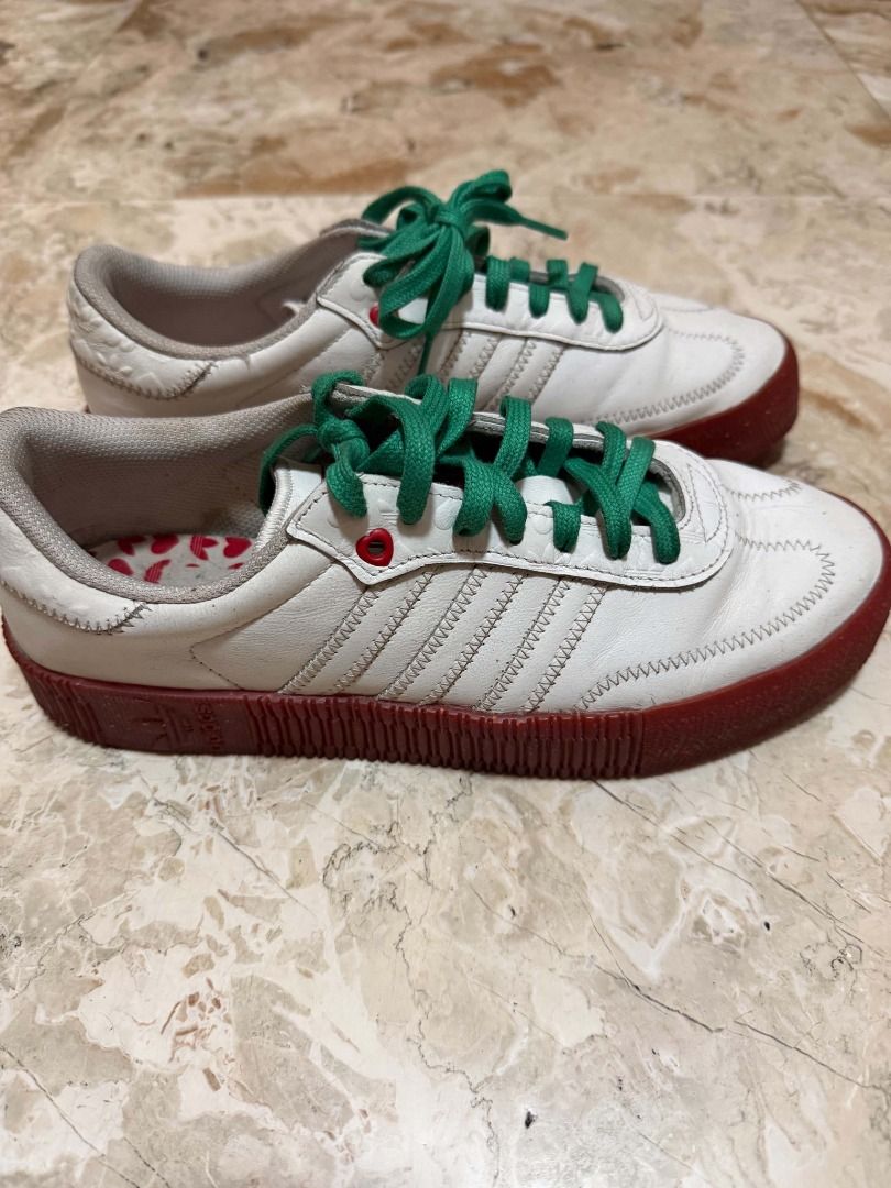 Adidas Samba Rose White Green Red (Category: Sneakers) located in Quezon City. Submitted by cms1116 (Listing ID 1465096426, Image 3). Description: - Brand/Model: Stylish platform sneakers with white leather upper - Sole: Chunky red rubber platform with solid wear left - Custom Details: Bright green laces and fun heart/trefoil print insoles - Size: US 9.5 / UK 8 - Condition: Normal leather creasing from regular use, overall still in great shape.