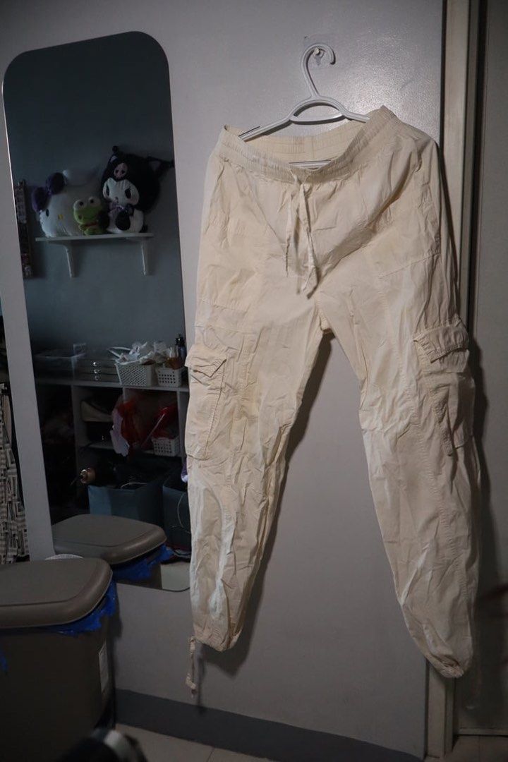 Aerie cream cargo pants drawstring waist (Category: Jeans) located in Manila. Submitted by leivic (Listing ID 1465062496, Image 1). Description: - Brand: Aerie - Color: Cream - Fit: Relaxed, lightweight - Waist: Elastic with adjustable drawstring tie - Pockets: Multiple utility side pockets - Cuffs: Adjustable cinch ties at the hem.