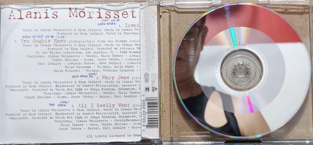 Alanis Morissette Ironic CD Single Album (Category: CDs & DVDs) located in Manila. Submitted by ruelcabrer77078 (Listing ID 1465016912, Image 2). Description: - Artist: Alanis Morissette - Format: CD single in jewel case - Tracks: Ironic, You Oughta Know, Mary Jane, All I Really Want - Inclusions: Original booklet and inlay - Condition: Disc has track listings with some handwritten markings; case shows light wear.