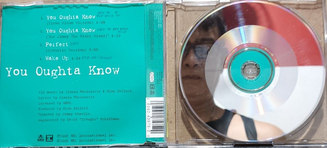 Alanis Morissette You Oughta Know CD Single (Category: CDs & DVDs) located in Manila. Submitted by ruelcabrer77078 (Listing ID 1465017034, Image 2). Description: - Artist/Album: Alanis Morissette - You Oughta Know CD Single (1995) - Tracks included: * You Oughta Know (Clean Album Version) * You Oughta Know (The Jimmy The Saint Blend) * Perfect (Acoustic Version) * Wake Up - Label: WEA International Inc. - Packaging: Standard jewel case with teal 