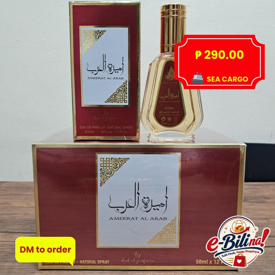 Ameerat Al Arab Eau de Parfum 50ml (Category: Fragrance & Deodorants) located in Mexico. Submitted by ebili.na (Listing ID 1465019903, Image 1). Description: • 🍊 Scent profile: Fresh citrus, soothing aloe vera, jasmine, and a warm touch of oud. • 📸 Visual: Velvet-textured deep burgundy bottle accented with elegant gold details. • 📏 Size: 50ml • 🛡️ Authenticity: 100% Original • 📅 ETA: End of December 2026.