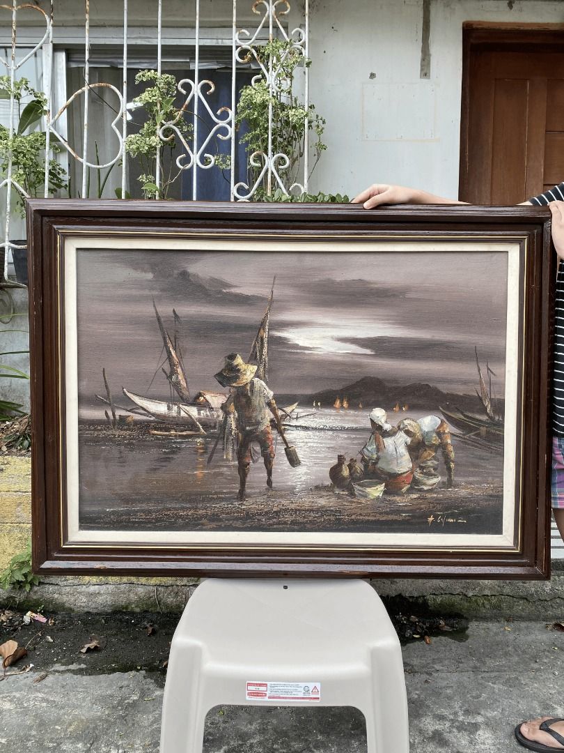 Antonio Calma Painting (Category: Wall Decor) located in Naga. Submitted by kenn123456 (Listing ID 1465037759, Image 2). Description: A homage to his mentor Cesar Buenaventura's Seaside; who was mentored as well by the great Fernando Amorsolo. Focusing on the quiet resilience and steady pace of the working class Filipinos in rural communities, this piece highlights the communal and unglamorous work present in a coastal livelihood. Artist: Antonio