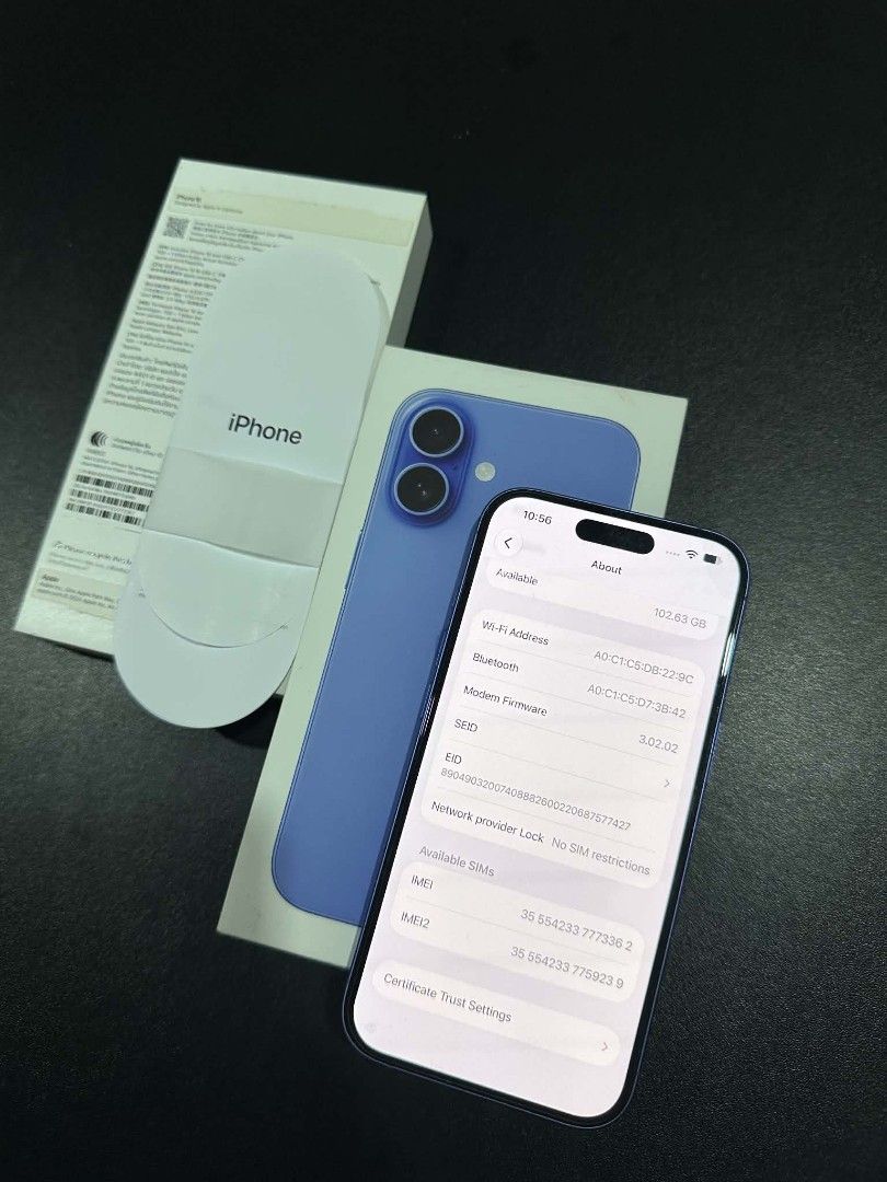 Apple iPhone 16 Blue 128GB (Category: iPhone 16 Series) located in Santo Tomas. Submitted by solana.xy (Listing ID 1464988274, Image 3). Description: iPhone 16 128GB Openline - any sim Under apple warranty until December 2026 ZP/A NTC approved 91% Battery Health 106 All working smooth no issues No any history of repair Package: same imei box, cord and Case Check, Reset & Test all day 📍Sto. Tomas Batangas ✅ Meet up lang po. ❌ NO SHIPPING OR LALAM