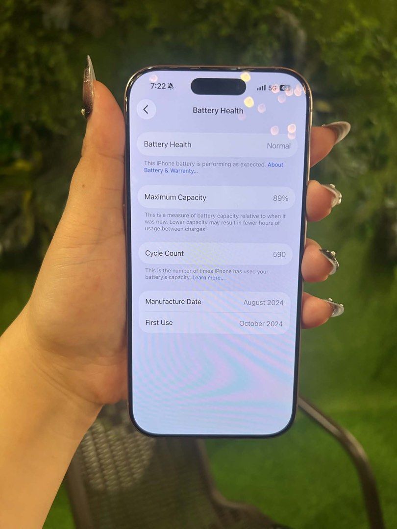 Apple iPhone 16 Pro 128GB Desert Titanium (Category: iPhone 16 Series) located in Manila. Submitted by rockwelzon21365 (Listing ID 1465003958, Image 2). Description: - Model: iPhone 16 Pro - Color: Desert Titanium - Storage: 128GB - Battery Health: 89% (590 cycle counts) - Condition: Clean screen and body, 100% working normal - History: First used October 2024 (warranty expired) - Features: Fast 5G connectivity ready.