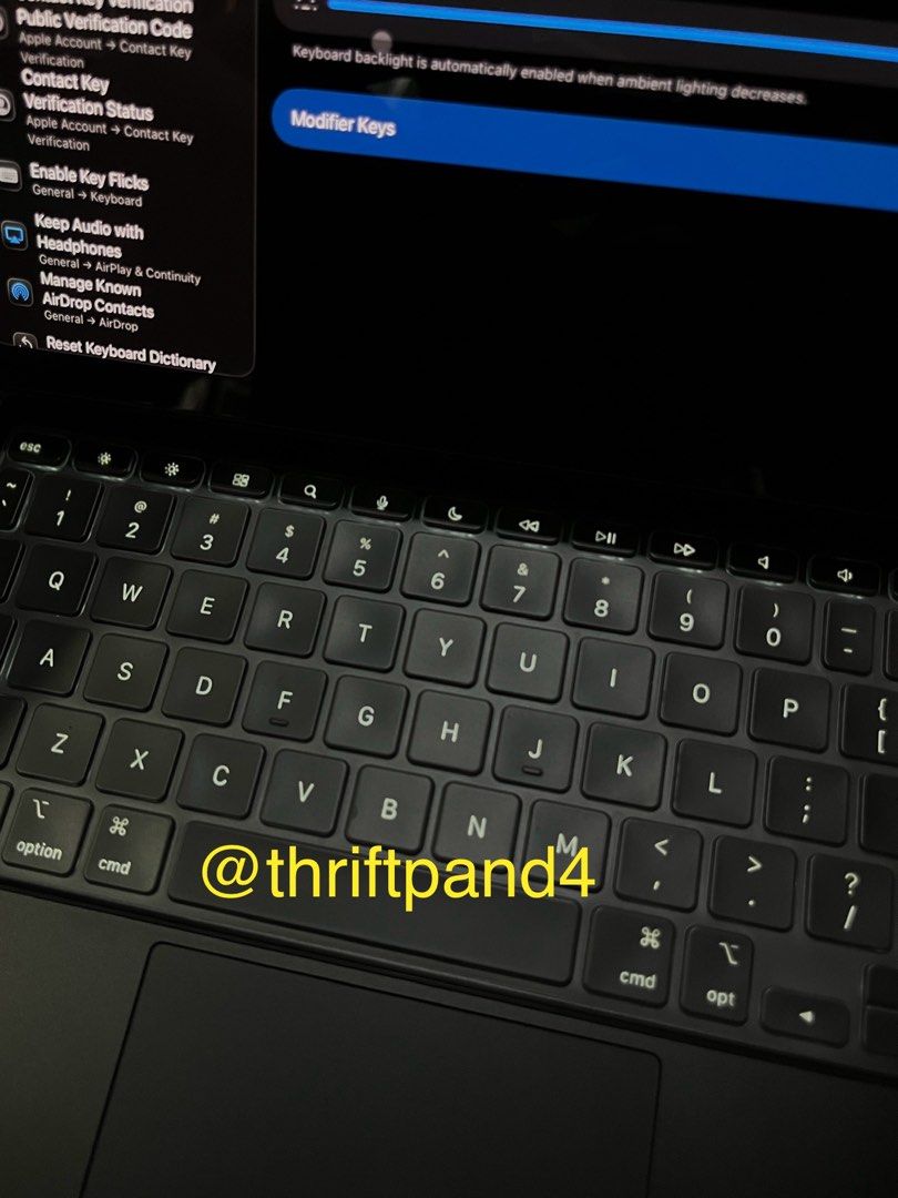 Apple Magic Keyboard for iPad Pro 11” M4/M5 (Category: iPad) located in Tuguegarao City. Submitted by thriftpand4 (Listing ID 1464971118, Image 3). Description: Installed protective film and used removable keyboard cover. (Both cost about ₱600, can be removed) No faded keys and trackpad has no scratch/fade. Looks almost brand new. Bought just this year. FIXED PRICE Loc: Tuguegarao City, Cagayan.