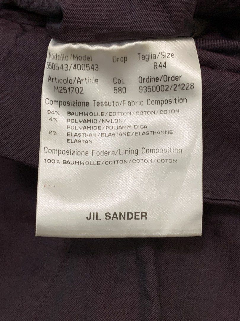 ARCHIVE JIL SANDER GARMENT DYED SINGLE BREASTED BLAZER (Category: Coats, Jackets and Outerwear) located in Cavite. Submitted by ___layern0ne (Listing ID 1465077434, Image 3). Description: Aesthetic & Sizing • Style: Three-Button Casual Blazer / Unstructured Sport Coat • Color: Faded Deep Purple / Plum (Official Color Code: 580) with a garment-dyed finish • Lining Color: Contrasting Medium Brown • Tagged Size: R44 • Armpit to Armpit (front): 18.5-