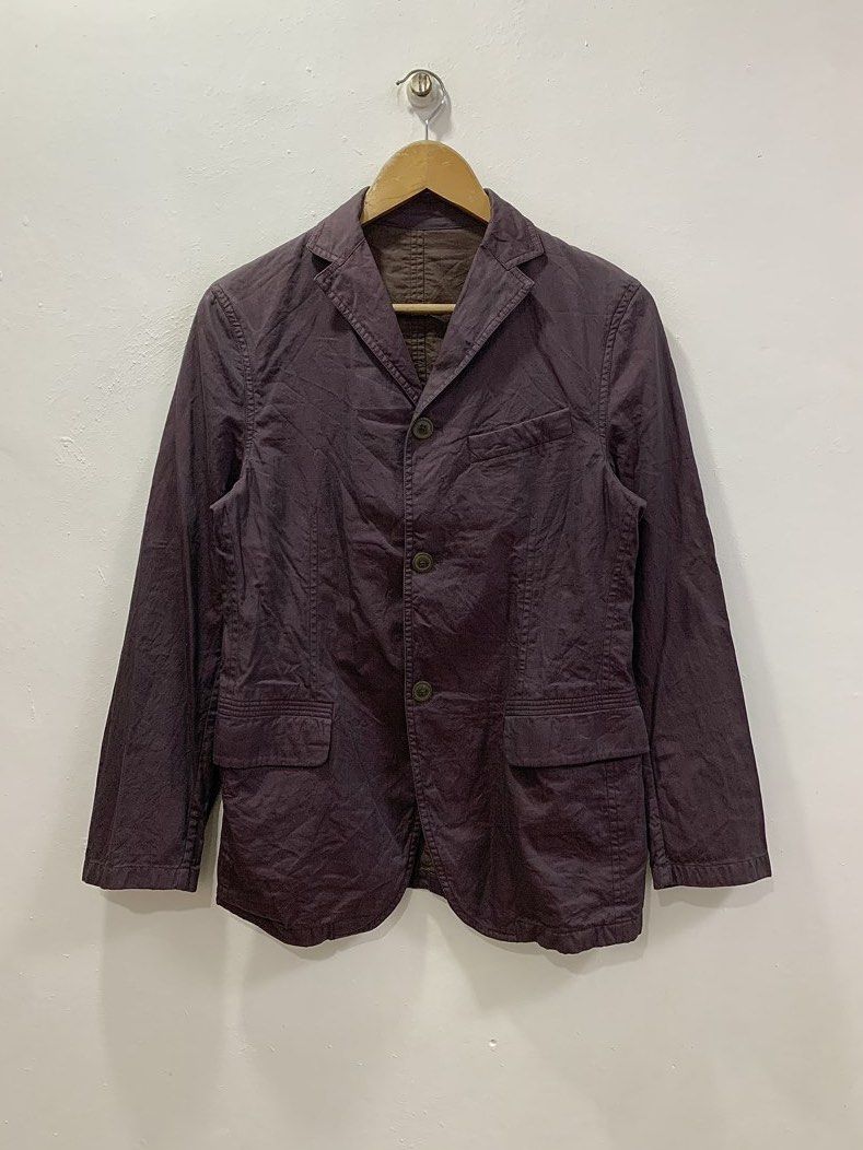 ARCHIVE JIL SANDER GARMENT DYED SINGLE BREASTED BLAZER (Category: Coats, Jackets and Outerwear) located in Cavite. Submitted by ___layern0ne (Listing ID 1465077434, Image 1). Description: Aesthetic & Sizing • Style: Three-Button Casual Blazer / Unstructured Sport Coat • Color: Faded Deep Purple / Plum (Official Color Code: 580) with a garment-dyed finish • Lining Color: Contrasting Medium Brown • Tagged Size: R44 • Armpit to Armpit (front): 18.5-