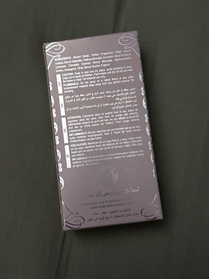 Ard Al Zaafaran Dirham Wardi Eau De Parfum 50ml (Category: Fragrance & Deodorants) located in Manila. Submitted by gumideclutters (Listing ID 1465036643, Image 2). Description: - Product: Dirham Wardi Eau de Parfum by Ard Al Zaafaran - Volume: 50ml / 1.7 Fl. Oz. (80% vol natural spray) - Condition: Opened box sprayed once only - Packaging: Includes ingredients list and safety warnings with English and Arabic text - Perfect for daily wear or as a 