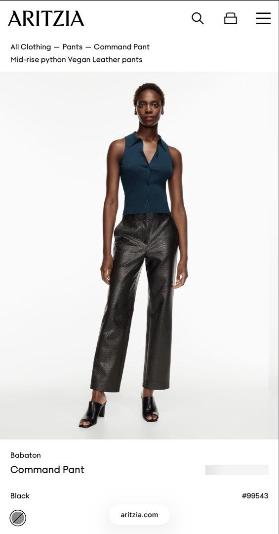 Aritzia Babaton Command Pant Python Vegan Leather (Category: Jeans) located in Quezon City. Submitted by dropdeadprices (Listing ID 1465085194, Image 1). Description: - Brand: Aritzia Babaton - Material: Vegan leather with all-over black python print texture - Details: Belt loops, zip fly closure - Style: Sleek statement piece Pls see last picture for issue. Chip is barely noticeable.