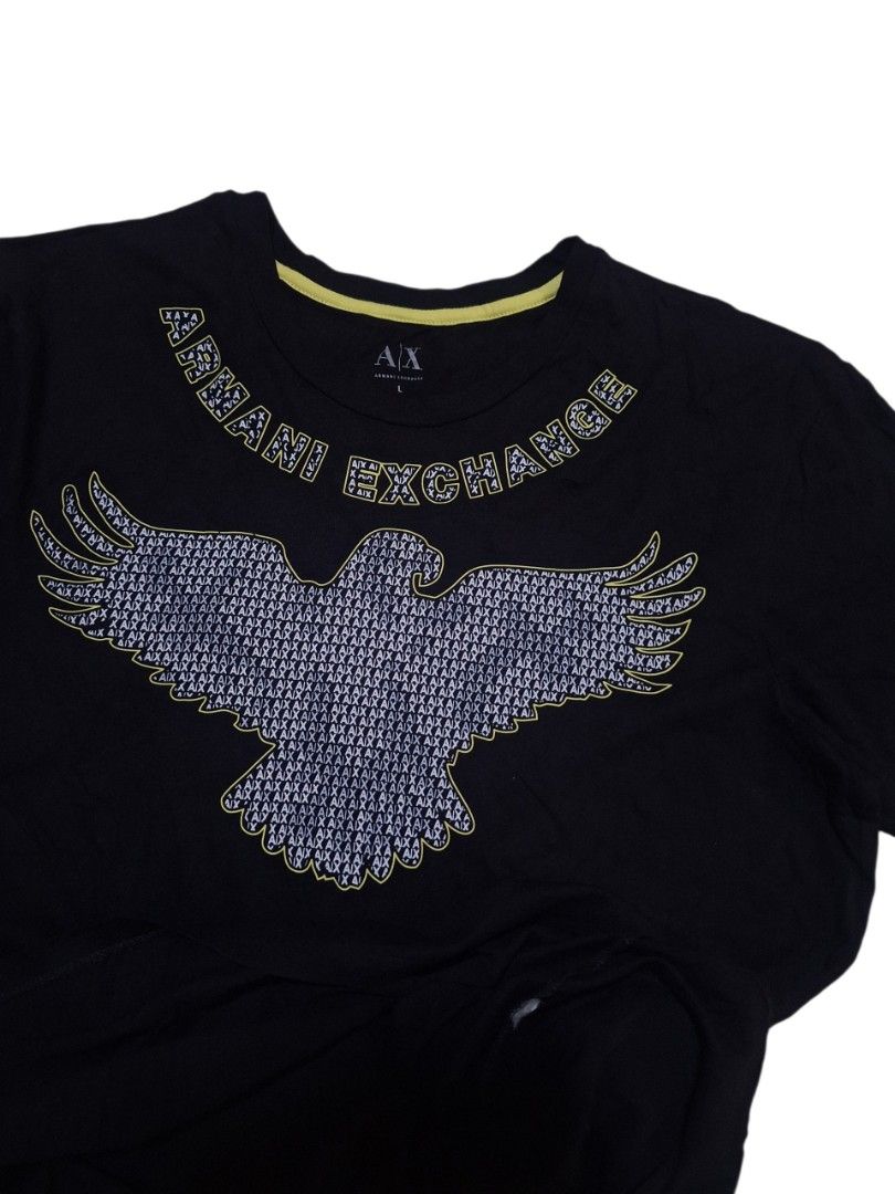 Armani Exchange Eagle Logo Black T-Shirt (Category: Tshirts & Polo Shirts ) located in General Santos City (Dadiangas). Submitted by Abu_israfeel_arisha_shareen (Listing ID 1464998628, Image 2). Description: - Brand: Armani Exchange - Color: Classic Black - Size: Large (Standard Fit) - Material: Clean, comfortable cotton - Design: Large graphic eagle print made of small lettering on the chest - Branding: Curved Armani Exchange text logo above the