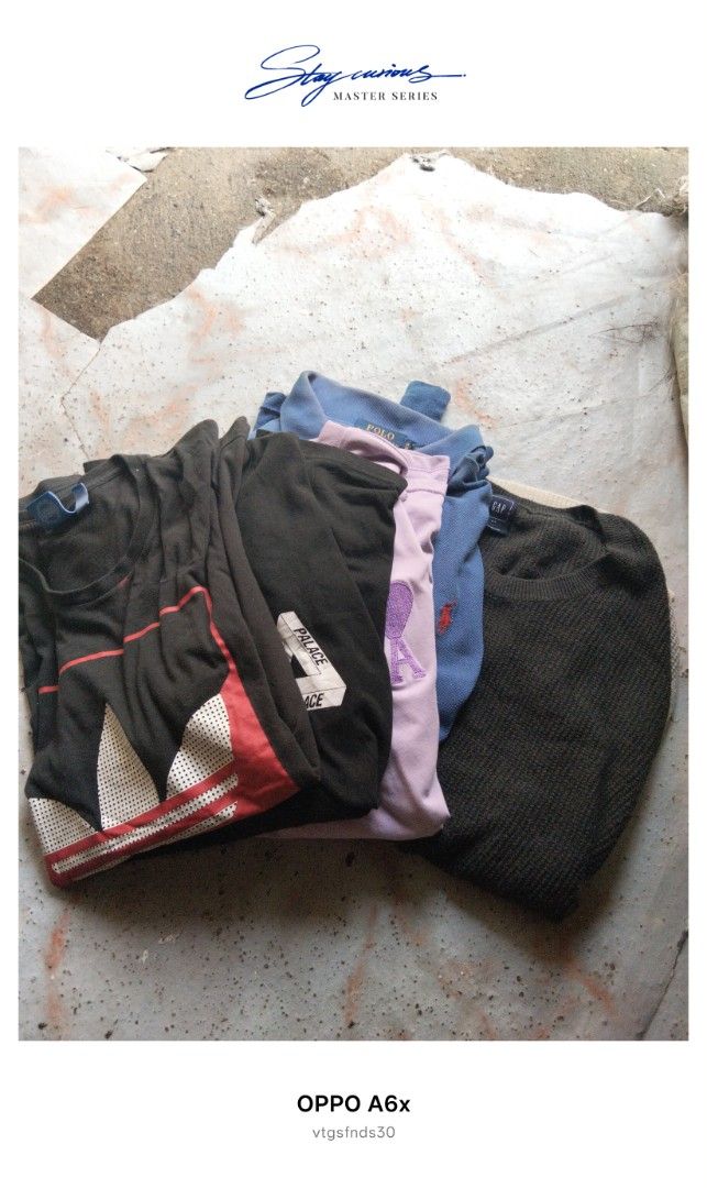 Assorted Branded T-shirts and Sweaters Bundle (Category: Tshirts & Polo Shirts ) located in Manila. Submitted by vtg_finds30 (Listing ID 1465049306, Image 1). Description: - Bundle of 5 assorted branded clothing pieces - Includes: Adidas graphic tee, Palace black t-shirt, pastel pink shirt, blue Polo Ralph Lauren polo shirt, and dark green Gap knitted sweater - Various sizes and styles mixed together - Selling as a whole lot only - Wardrobe declu