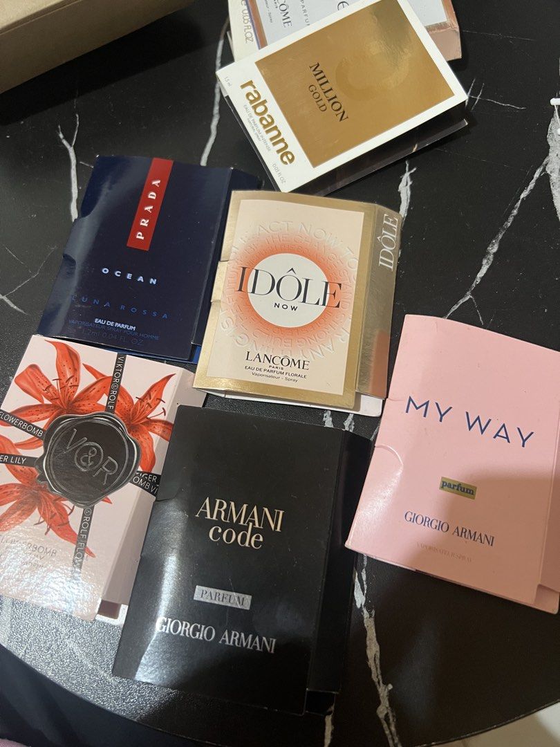 Assorted Designer Perfume Sample Vials (Category: Fragrance & Deodorants) located in Cabanatuan. Submitted by imported2023 (Listing ID 1465078106, Image 1). Description: - Authentic designer fragrance sample bundle - Includes 6 popular scents: Rabanne Million Gold, Prada Luna Rossa Ocean, Lancôme Idôle Now, Viktor & Rolf Flowerbomb Tiger Lily, Giorgio Armani Code Parfum, and Giorgio Armani My Way Parfum - Each card comes with a tester vial inside