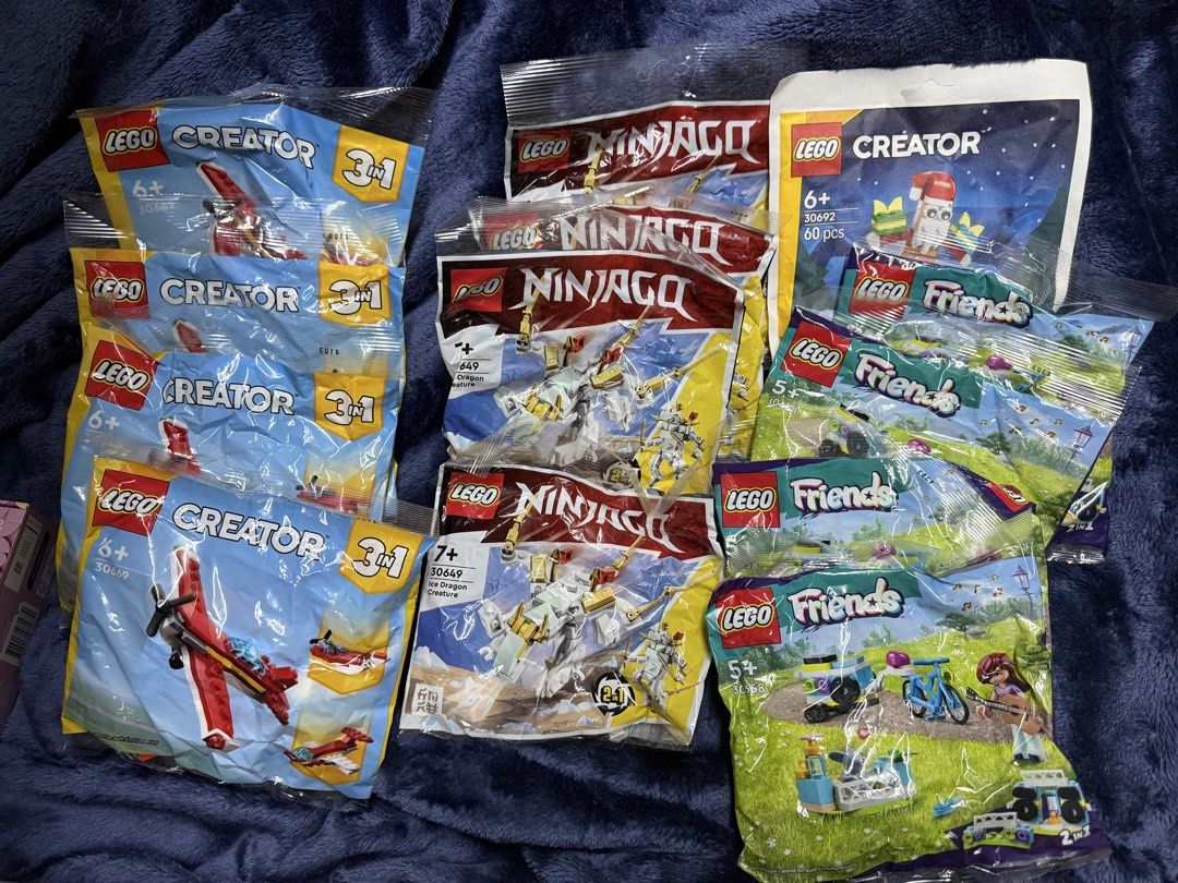 Assorted LEGO Creator Ninjago and Friends Polybag Sets (Category: Lego & Building Sets) located in Manila. Submitted by aybi.7.3.1 (Listing ID 1465057770, Image 1). Description: - Bundle of 11 sealed LEGO polybags - Includes Creator 3-in-1 airplanes, Ninjago Ice Dragon 30649, Creator Santa 30692, and Friends musical festival sets - 100% brand new and unopened - Great for gifts, party favors, or quick weekend builds P300 each.