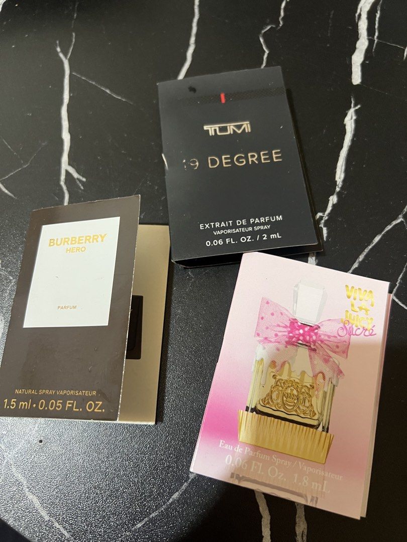 Assorted Luxury Perfume Samples Vial Lot (Category: Fragrance & Deodorants) located in Cabanatuan. Submitted by imported2023 (Listing ID 1465078009, Image 2). Description: Bundle of fragrance sample cards including Paco Rabanne Fame and Phantom, Dolce & Gabbana Pour Homme Intense and Devotion, Creed, Tumi 19 Degree, Viva La Juicy Sucre, Burberry Hero, Paco Rabanne Million Gold, and Lancome La Vie Est Belle. Various sizes around 1.5ml to 1.8ml. Gr