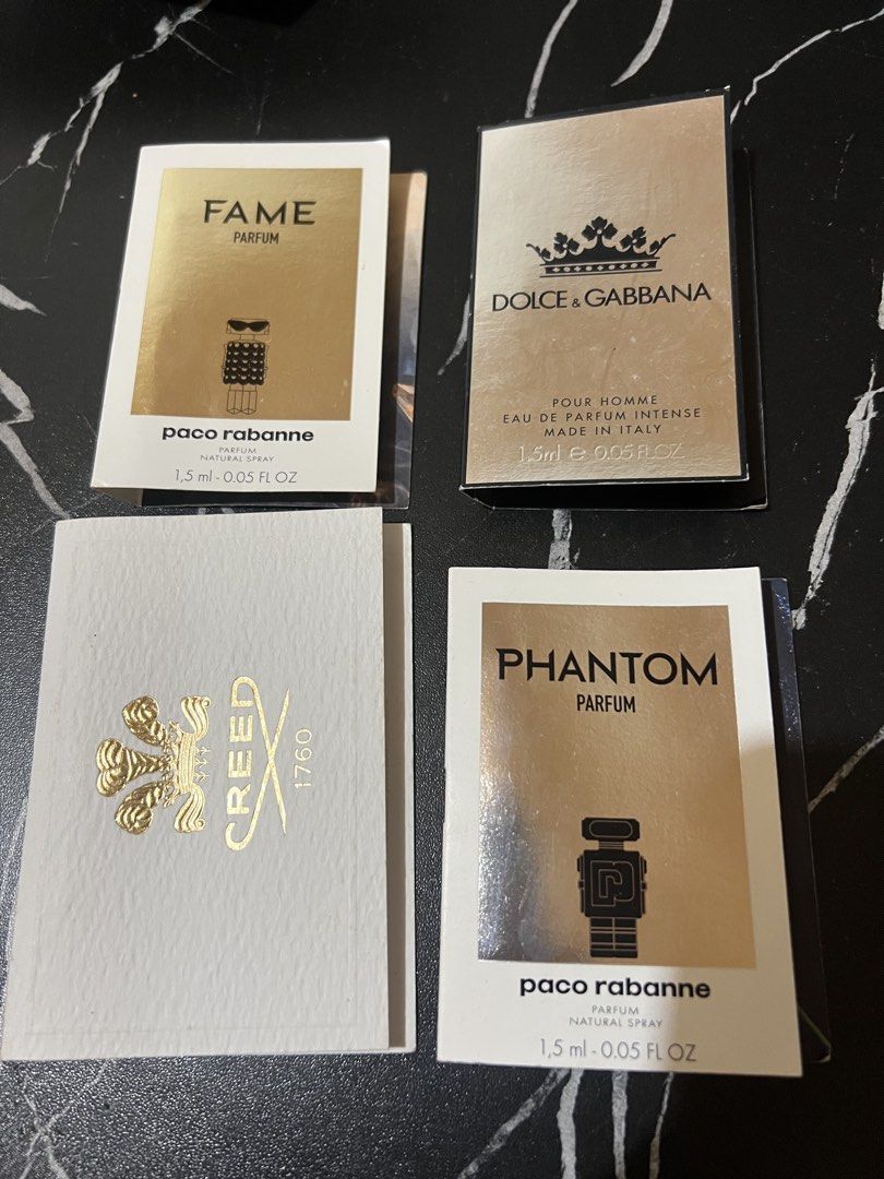 Assorted Luxury Perfume Samples Vial Lot (Category: Fragrance & Deodorants) located in Cabanatuan. Submitted by imported2023 (Listing ID 1465078009, Image 1). Description: Bundle of fragrance sample cards including Paco Rabanne Fame and Phantom, Dolce & Gabbana Pour Homme Intense and Devotion, Creed, Tumi 19 Degree, Viva La Juicy Sucre, Burberry Hero, Paco Rabanne Million Gold, and Lancome La Vie Est Belle. Various sizes around 1.5ml to 1.8ml. Gr