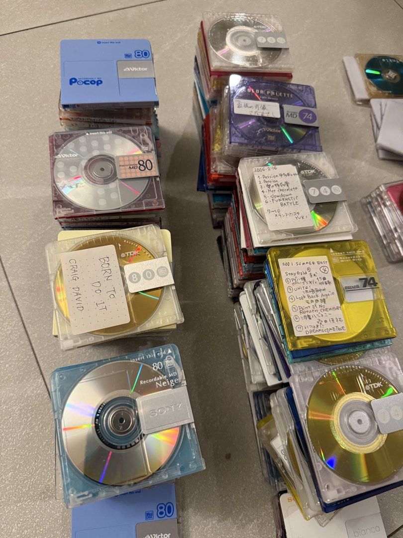 Assorted MiniDiscs MD 80 74 (Category: CDs & DVDs) located in Makati City. Submitted by see5o5 (Listing ID 1465077759, Image 2). Description: I have too many MDs to sort through. 🤣 Random 10pcs 80min - P1,000 Random 10pcs 74min - P800 No cases. Most will have some music on them and labels. I haven’t tested them but have visually inspected them for cracks or damage. Thanks! Makati area. .