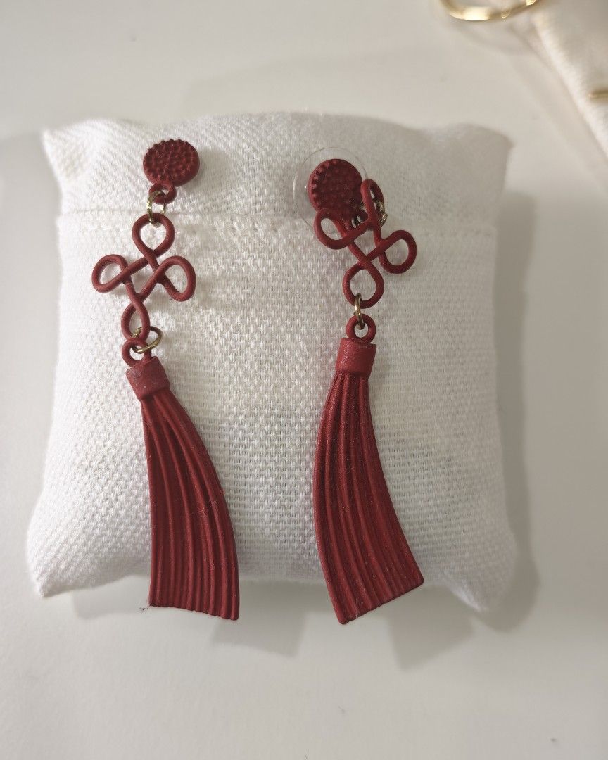 Assorted Statement Earrings Bundle (Category: Earrings) located in Petaling Jaya. Submitted by dovey88 (Listing ID 1464993473, Image 1). Description: - Product: 3-Pair Earring Bundle (Selling as a set only) - Pair 1: Red Chinese knot tassels for a festive touch - Pair 2: Black fabric flowers with gold-tone square beads and crystal studs - Pair 3: Multi-colored translucent petal charms on silver-tone rhinestone hooks - Features: Lightweight and ve