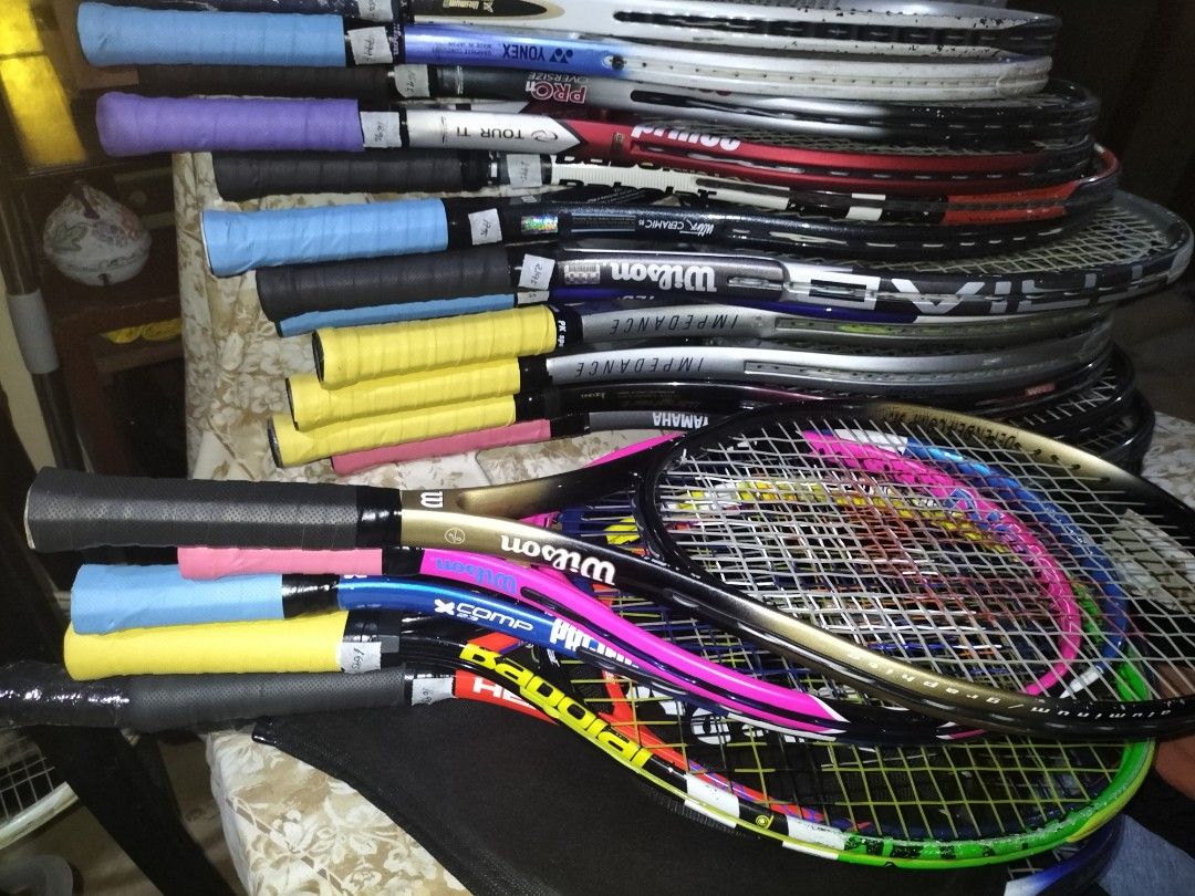 Assorted Tennis Rackets Babolat Wilson Prince (Category: Racket and Ball Sports) located in Cainta. Submitted by banzvi73 (Listing ID 1465018392, Image 1). Description: - Tennis rackets for sale, priced individually from ₱550 to ₱1995 - Babolat Ballfighter 23 inches (Ideal for juniors) - Wilson Burn 19 inches (Great for kids) - Prince Comp 23 inches (Has minor paint chips, fully functional) - Wilson Defender 110 sq in, 270g, Grip 0 (Adult recreat