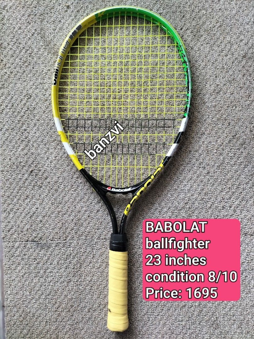 Assorted Tennis Rackets Babolat Wilson Prince (Category: Racket and Ball Sports) located in Cainta. Submitted by banzvi73 (Listing ID 1465018392, Image 2). Description: - Tennis rackets for sale, priced individually from ₱550 to ₱1995 - Babolat Ballfighter 23 inches (Ideal for juniors) - Wilson Burn 19 inches (Great for kids) - Prince Comp 23 inches (Has minor paint chips, fully functional) - Wilson Defender 110 sq in, 270g, Grip 0 (Adult recreat
