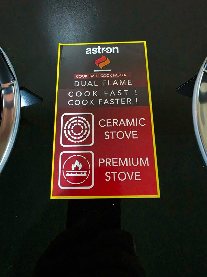 Astron Dual Flame Ceramic and Premium Gas Stove (Category: Cookers) located in Manila. Submitted by kisshadg23 (Listing ID 1465123773, Image 3). Description: - Brand new in original box - Dual burner setup with ceramic and premium burners for faster meal prep - Sleek black glass top surface with durable stainless steel body - Low gas consumption and high gas efficiency for quick cooking time - Tested working dials.
