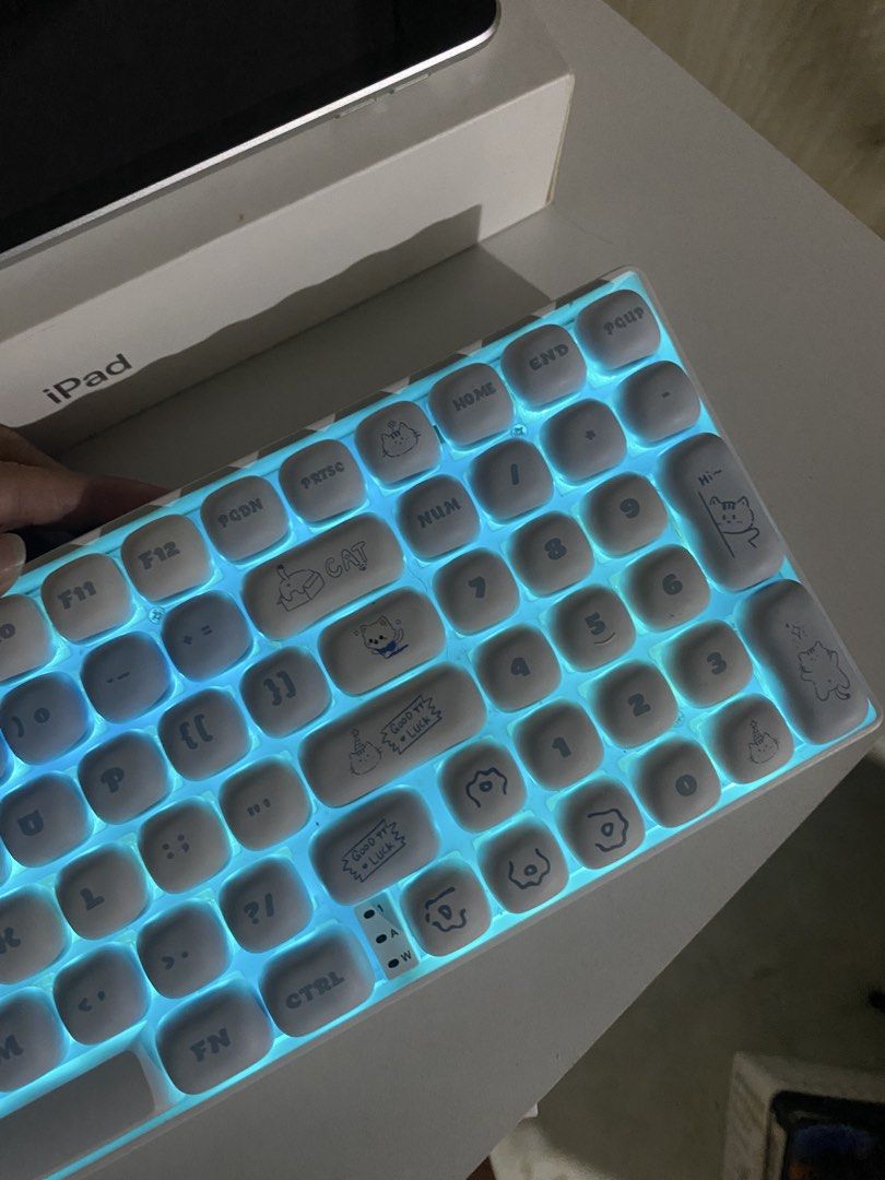 AULA Mechanical Keyboard with Blue MOG Rounded Keycaps (Category: Computer Keyboard) located in Valenzuela. Submitted by lunaortega09 (Listing ID 1465106200, Image 3). Description: selling my mechanical keyboard with this cute mallow keycaps for 2500 all-in - Model: AULA Mechanical Keyboard - Connectivity: Versatile three-mode connection - Switches: Hot-swappable red axis switches (ideal for gaming and office work) - Keycaps: Blue MOG-style round