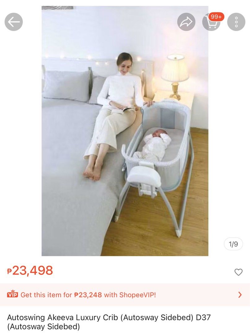 Autoswing Akeeva Luxury Crib Autosway Sidebed D37 (Category: Cots & Cribs) located in Manila. Submitted by queen_k (Listing ID 1465092300, Image 2). Description: - Model: Akeeva Luxury Crib D37 Autosway Sidebed - Color: Elegant grey and white scheme - Comfort: Includes a plush, soft mattress inside - Safety & Breathability: Equipped with mesh sides for optimal airflow - Convenience: Automatic swinging function controlled easily via the side panel
