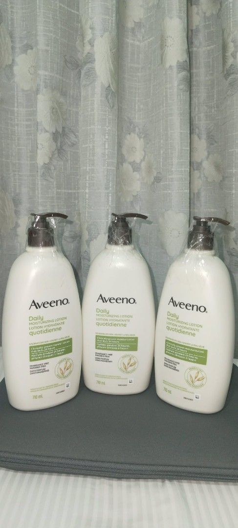 Aveeno Daily Moisturizing Lotion 710ml (Category: Body Care) located in General Trias. Submitted by aekyl (Listing ID 1464971215, Image 1). Description: - Authentic Aveeno Daily Moisturizing Lotion - Size: 710mL per bottle - Fragrance-free and paraben-free - Formulated with prebiotic oat for 24-hour hydration - Ideal for nourishing dry skin - Brand new and sealed with plastic due to shipment from Canada 🇨🇦.
