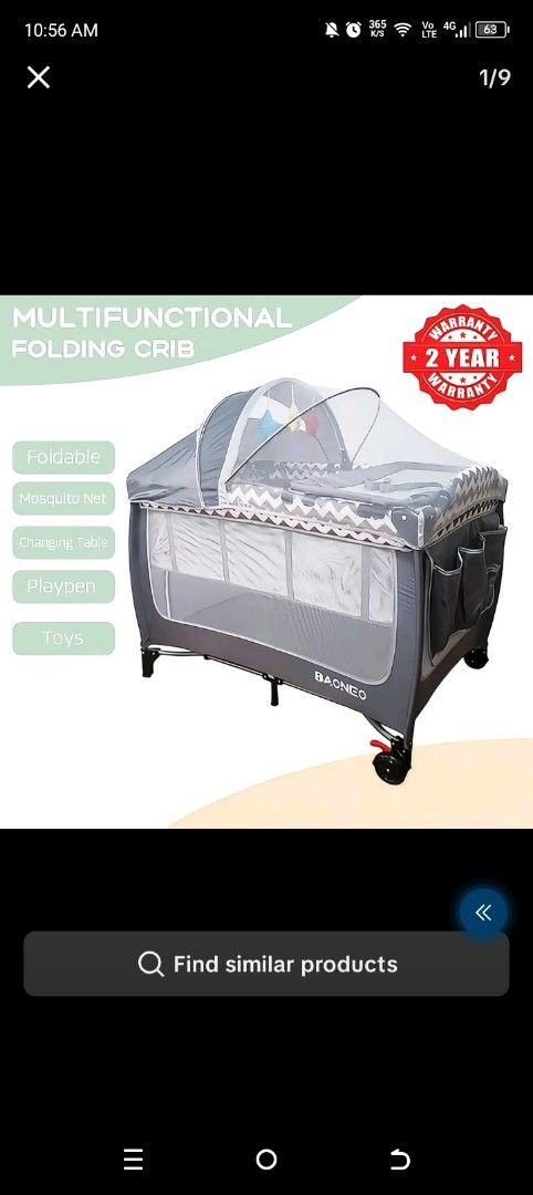 Baoneo Multifunctional Folding Crib and Playpen (Category: Cots & Cribs) located in Quezon City. Submitted by josephselo53521 (Listing ID 1464978167, Image 2). Description: - Brand/Model: Baoneo Multifunctional Folding Baby Crib - Color: Stylish Grey - Quick & easy folding design, perfect for home use or travel - Space-saver for compact homes - Includes: Carrying bag, mosquito net, and colorful playmat with hanging toys and balls - All items pack
