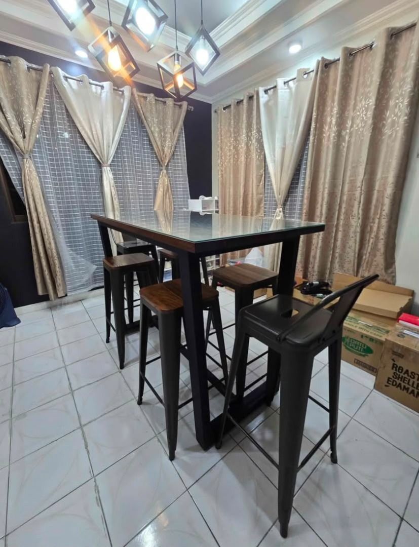 Bar Type Dining Table Set 6 Seater w/ Free Customized Tempered Glass (Category: Tables & Sets) located in Marikina City. Submitted by kjstagramanahan (Listing ID 1465074287, Image 3). Description: * Customized 6 seater modern industrial style bar counter-height dining set. * Includes, 4 wooden high stools, and 2 metal bar chairs with backrests. * SOLID WOOD MAKAPAL hindi manipis. * Free customized tempered glass. * Compact and great space saver f