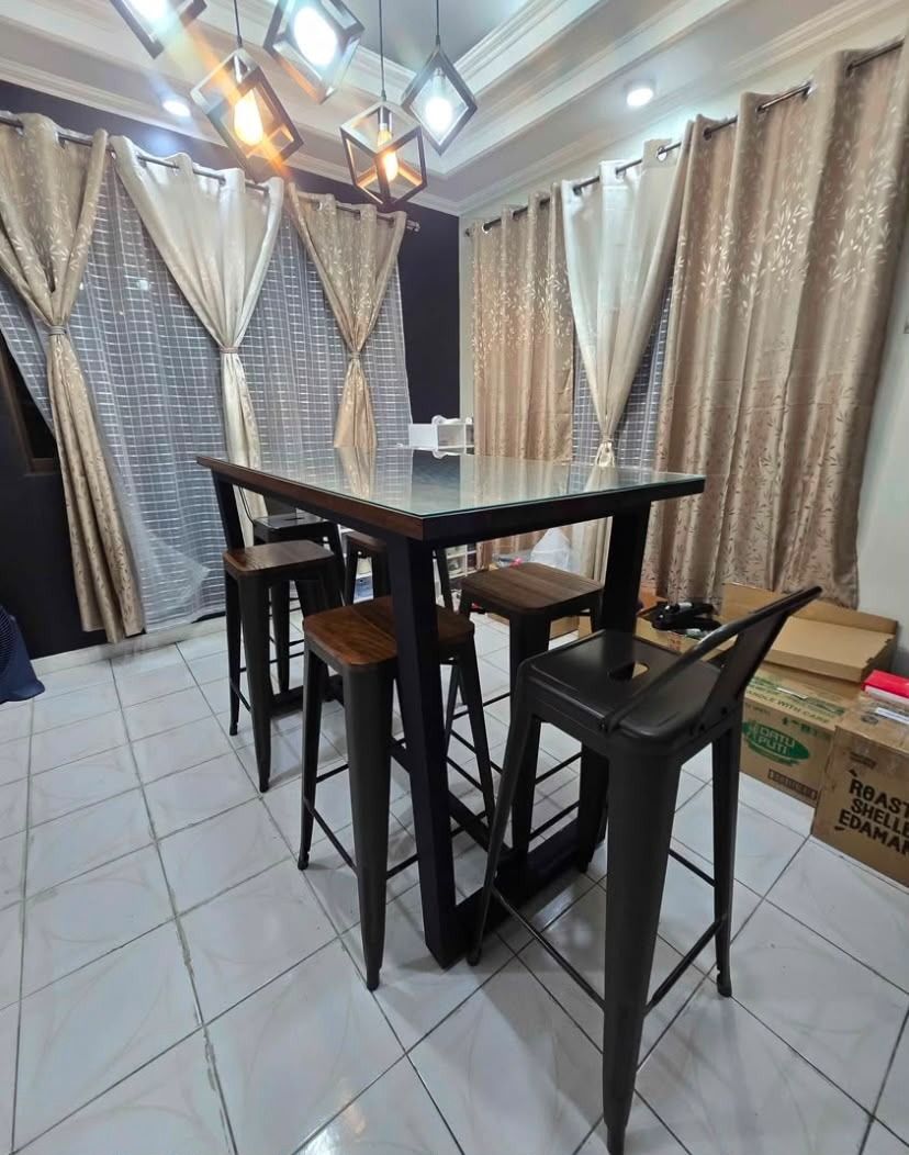Bar Type Dining Table Set 6 Seater w/ Free Customized Tempered Glass (Category: Tables & Sets) located in Marikina City. Submitted by kjstagramanahan (Listing ID 1465074287, Image 2). Description: * Customized 6 seater modern industrial style bar counter-height dining set. * Includes, 4 wooden high stools, and 2 metal bar chairs with backrests. * SOLID WOOD MAKAPAL hindi manipis. * Free customized tempered glass. * Compact and great space saver f