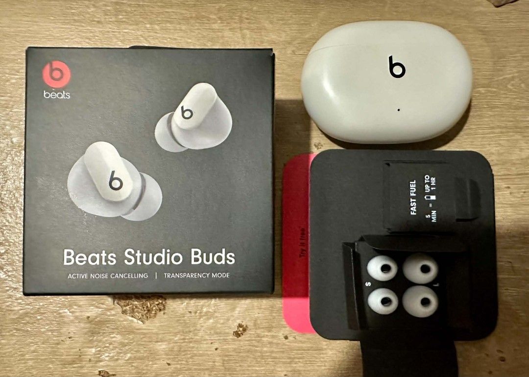 Beats Studio Buds - White (Category: Earphones) located in Manila. Submitted by jlthelegitseller (Listing ID 1465094587, Image 1). Description: Model: Beats Studio Buds (White) Features: Active Noise Cancelling Transparency Mode Battery Life: 3 to 4 hrs depending on mode Condition: Excellent / Ready to ship Inclusions: 1. Original box 2. Unused extra ear tips (various sizes) RFS: Bought airpods.
