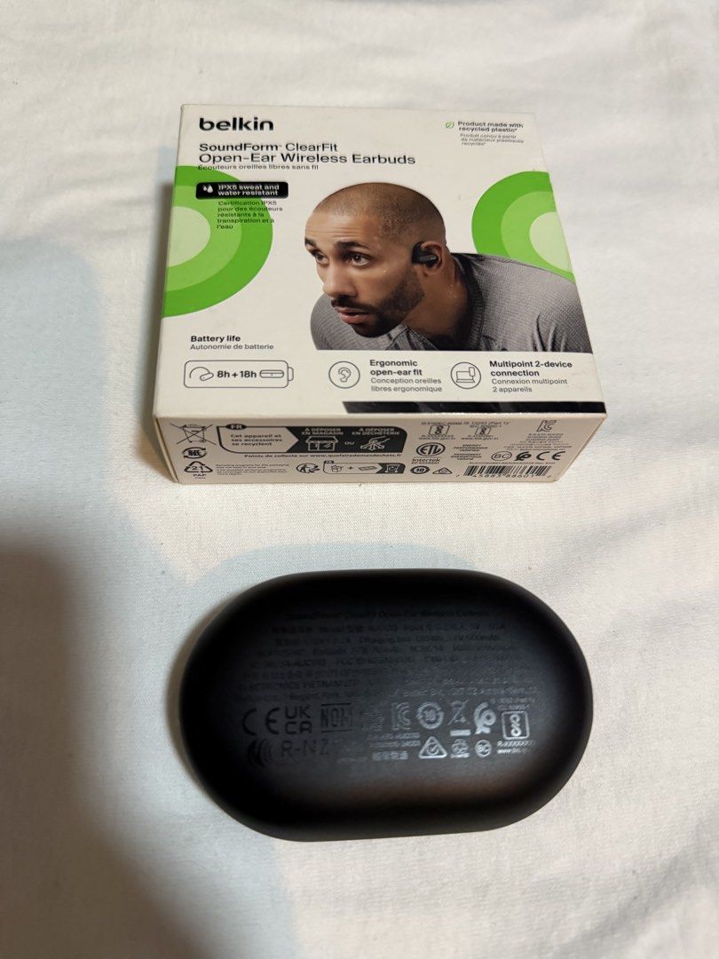 Belkin SoundForm ClearFit Open-Ear Wireless Earbuds (Category: Earphones) located in Manila. Submitted by appleparadise (Listing ID 1465140407, Image 2). Description: - Model: Belkin SoundForm ClearFit Open-Ear Wireless Earbuds - Color: Black - Condition: Opened and tested, fully functional (like new) - Inclusions: Original box and charging case - Comfort: Ergonomic earhook design for secure fit - Durability: IPX5 sweat and water resistant - Batt
