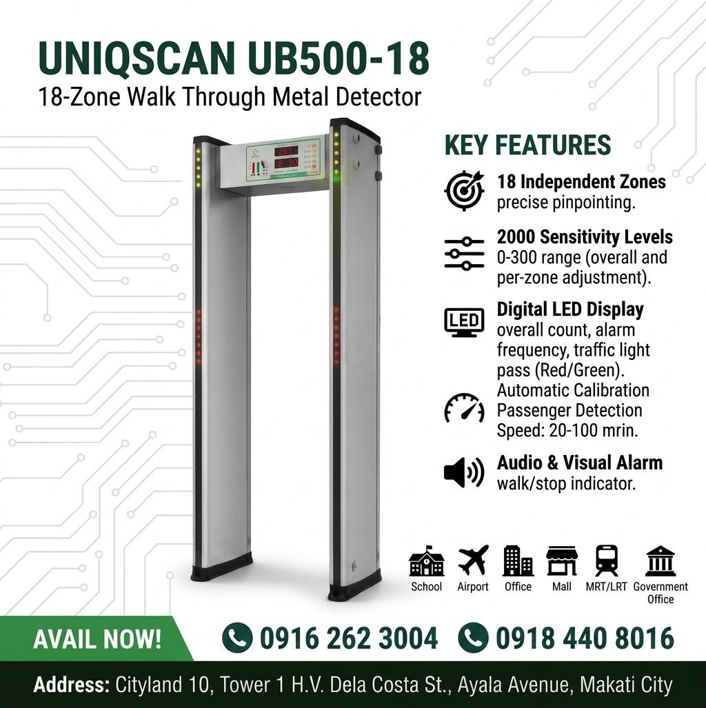 BEST QUALITY WALKTHROUGH METAL DETECTOR (Category: Security Systems & CCTV Cameras) located in Makati City. Submitted by one-shop.mkt (Listing ID 1464975117, Image 1). Description: "UNIQSCAN UB500-18 18-Zone Walk Through Metal Detector • 18 Independent Detection Zones • 2,000 Adjustable Sensitivity Levels • Automatic Calibration with Digital LED Display • Audio & Visual Alarm with Walk/Stop Indicator • Passenger Detection Speed: 30–40 People/Minu